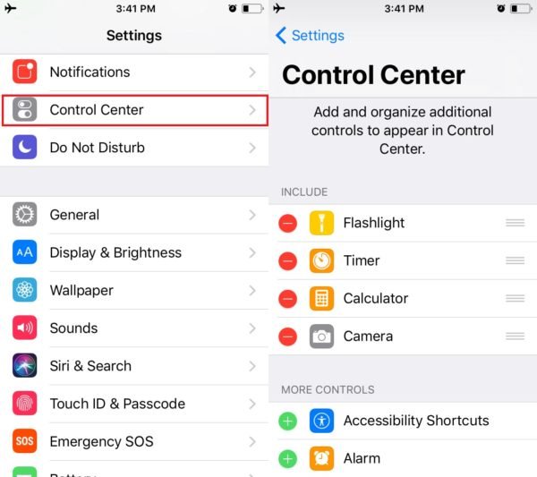 iOS 11 Control Centre Edit Control Buttons